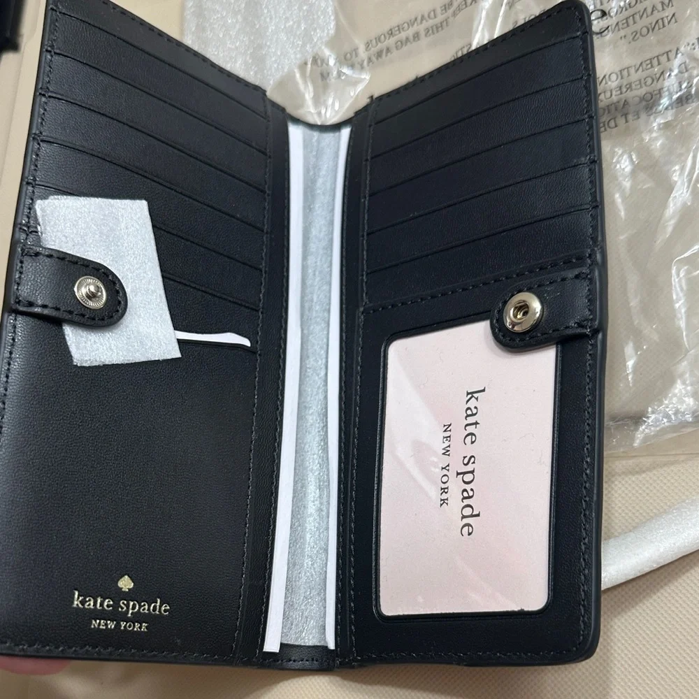 kate spade Black Saffiano Leather Zip Wallet with Gold Logo